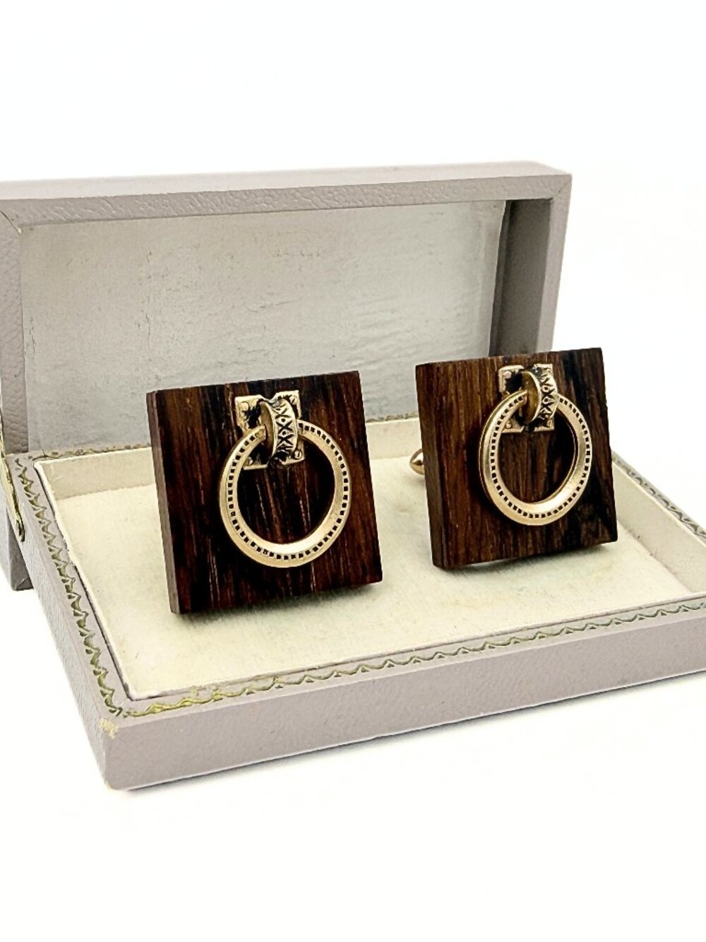 Swank Signed MCM Square Wood Gold Plated Door Knocker Brutalist Cufflinks